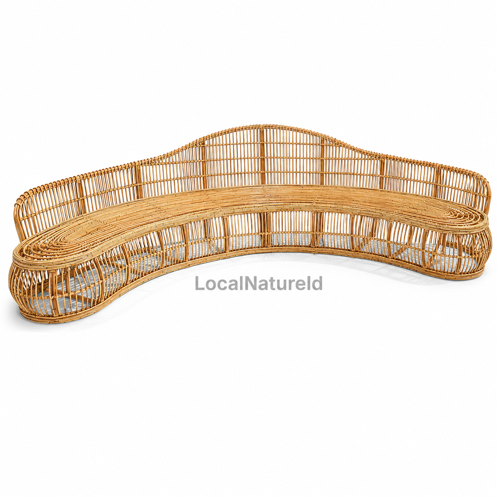 Curved Rattan Daybed Sofa with Full Cushion Set / Luxury Grand Banana-Shaped Lounge Settee with Wave-Contoured Backrest