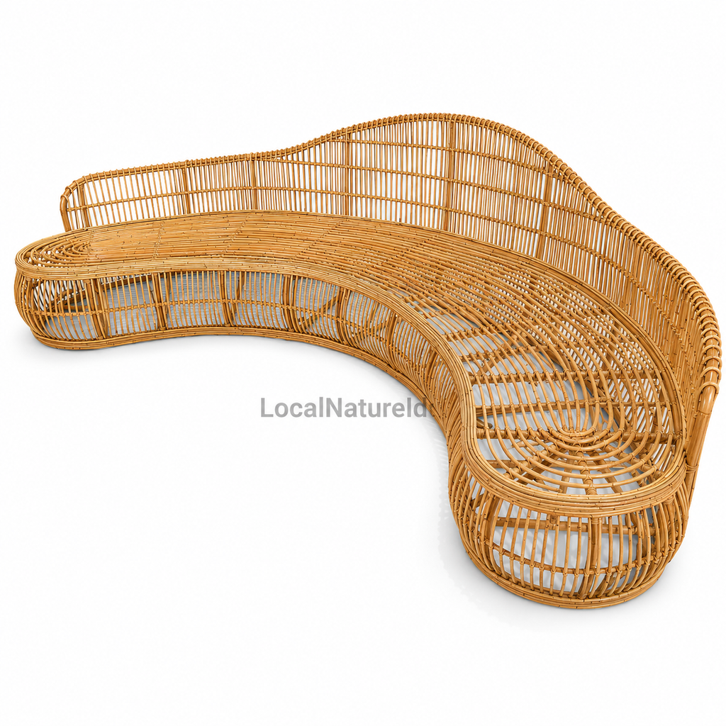 Curved Rattan Daybed Sofa with Full Cushion Set / Luxury Grand Banana-Shaped Lounge Settee with Wave-Contoured Backrest