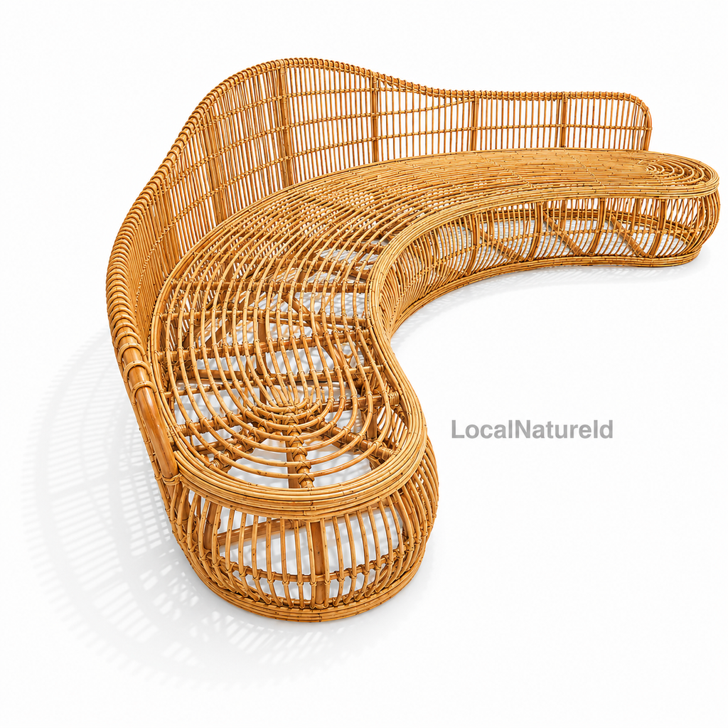 Curved Rattan Daybed Sofa with Full Cushion Set / Luxury Grand Banana-Shaped Lounge Settee with Wave-Contoured Backrest
