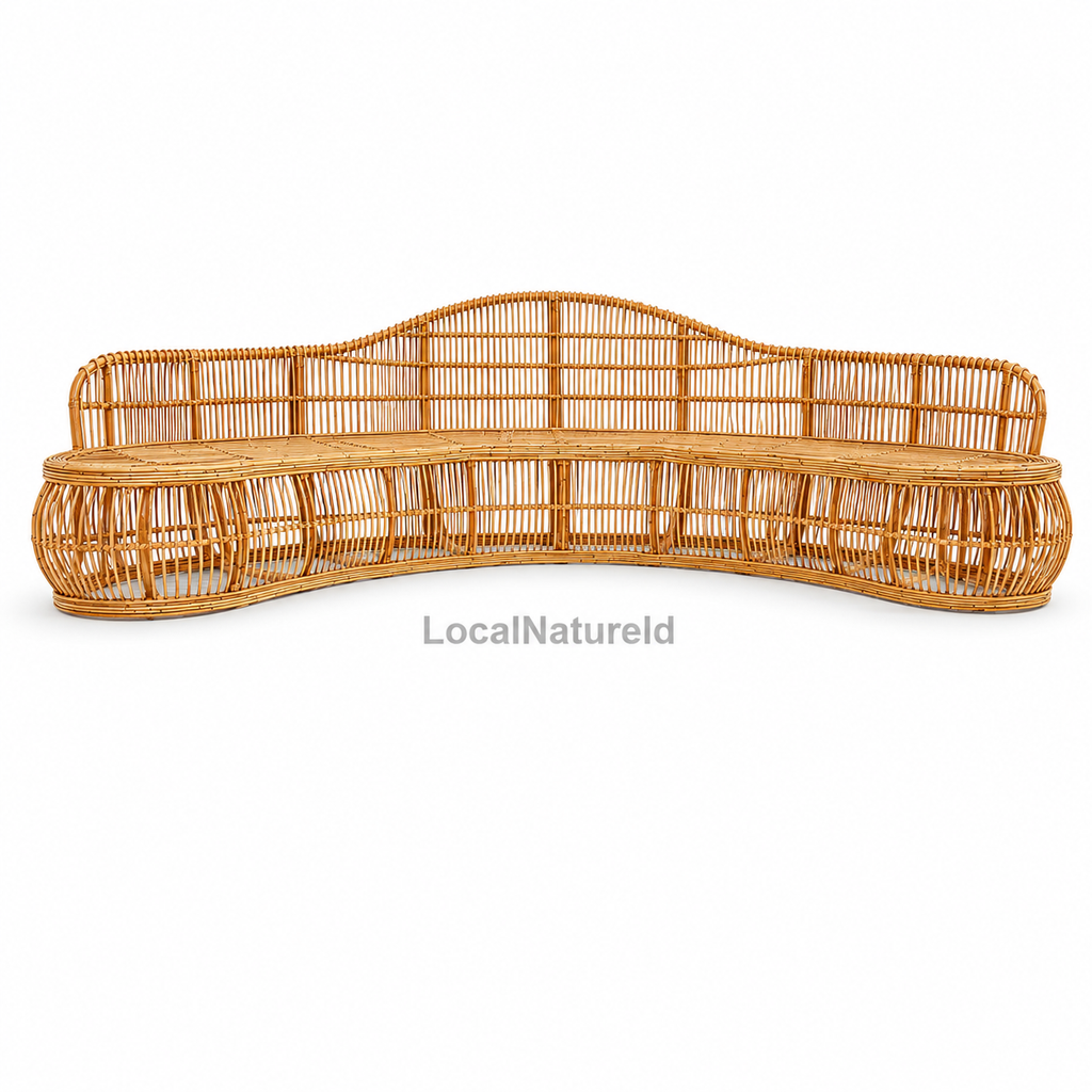 Curved Rattan Daybed Sofa with Full Cushion Set / Luxury Grand Banana-Shaped Lounge Settee with Wave-Contoured Backrest