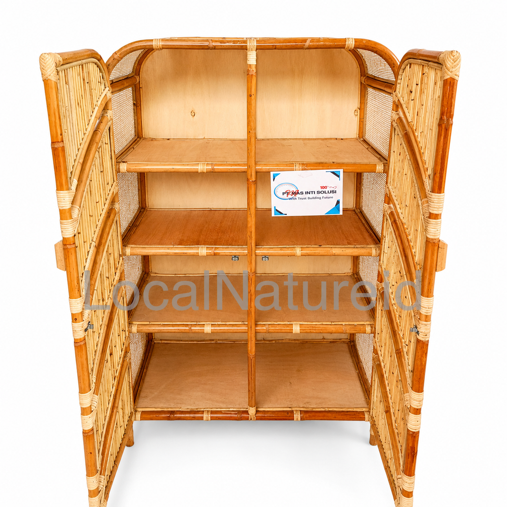 Double-Door Rattan Cabinet / Luxury 4-Tier Woven Cane Storage Wardrobe and Bohemian Sideboard Cupboard Unit