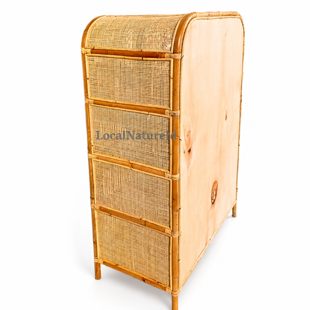Double-Door Rattan Cabinet / Luxury 4-Tier Woven Cane Storage Wardrobe and Bohemian Sideboard Cupboard Unit