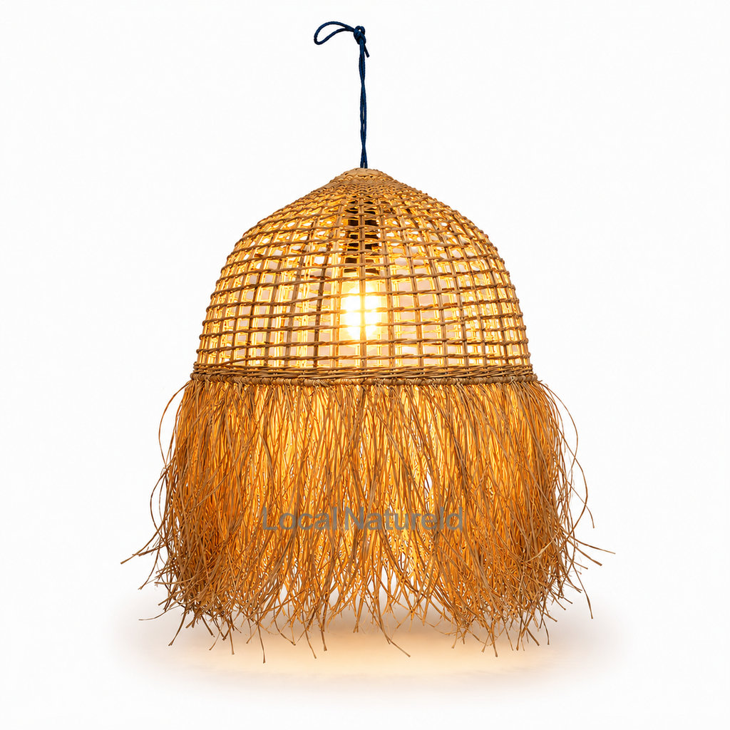 Handcrafted Woven Rattan Pendant Light Shade / Luxury Boho Dome Lampshade with Natural Agel Palm Fiber Fringe and Coastal Grass Chandelier Accent