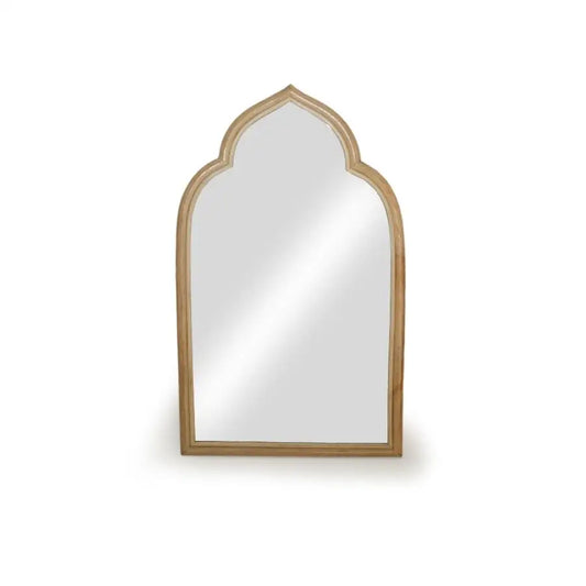 Arched Rattan Mirror with Natural Wood Frame