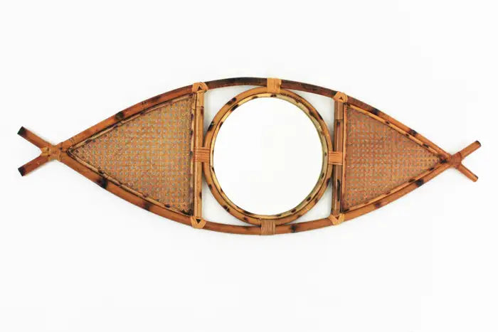 Fish-Shaped Rattan Mirror with Cane Weave Design – Unique Handcrafted Wall Décor