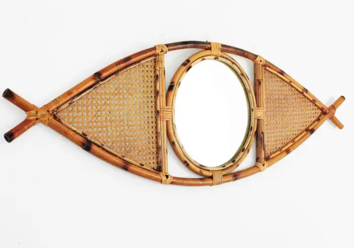 Fish-Shaped Rattan Mirror with Cane Weave Design – Unique Handcrafted Wall Décor