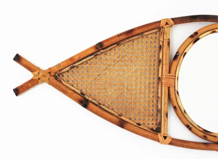 Fish-Shaped Rattan Mirror with Cane Weave Design – Unique Handcrafted Wall Décor