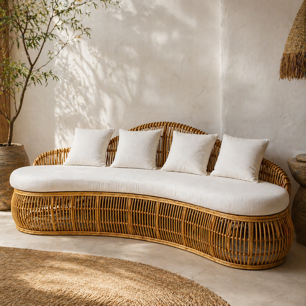 Luxury Curved Natural Rattan Sofa Daybed / Handcrafted Boho Banana-Shape Woven Couch with Cushions