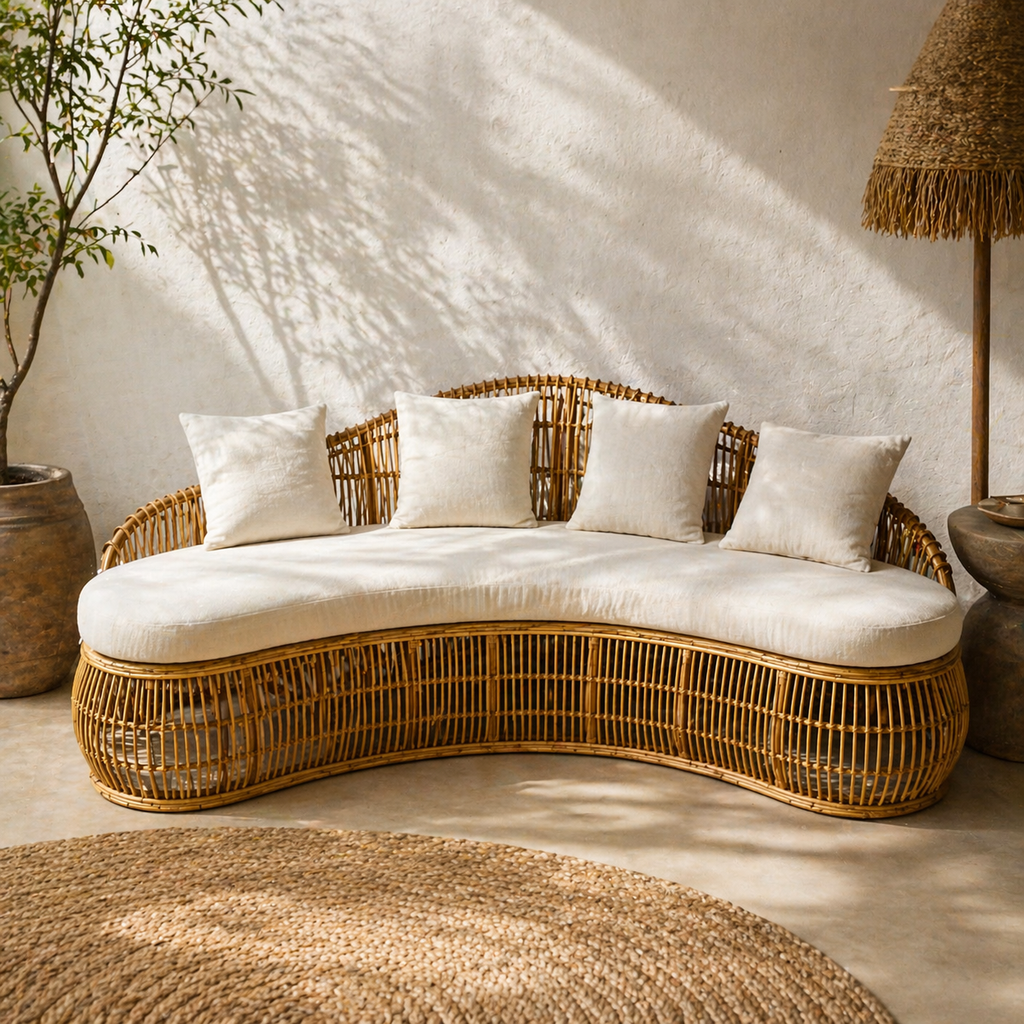 Luxury Curved Natural Rattan Sofa Daybed / Handcrafted Boho Banana-Shape Woven Couch with Cushions