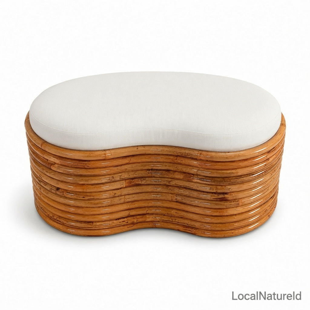Handcrafted Curved Rattan Ottoman Footstool / Luxury Kidney-Shaped Woven Coffee Table Bench with Custom Cushion