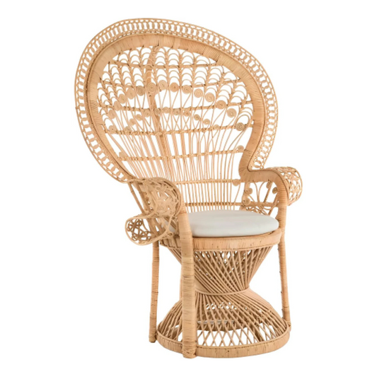 Classic Peacock Rattan Chair with Ornate Design and Cushioned Seat