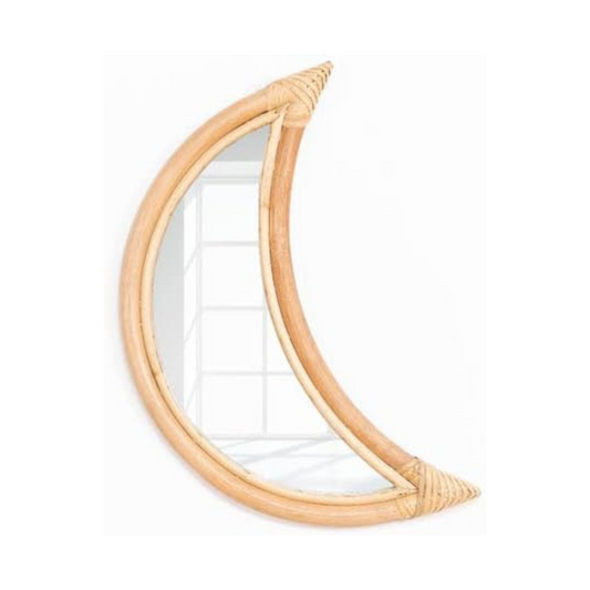 Boho Crescent Moon Rattan Mirror – Natural Wall Decor