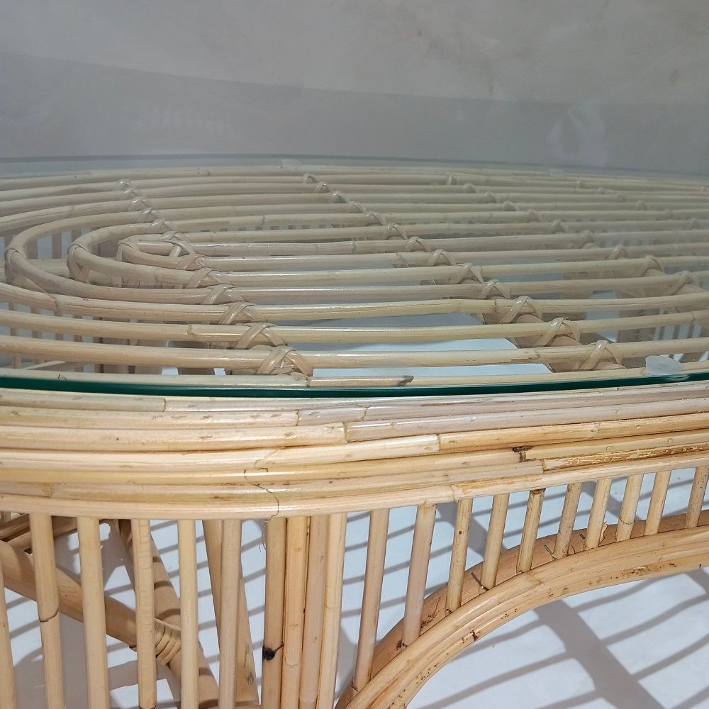 Minimalist Oval Rattan Coffee Table with Glass Top / Handcrafted Woven Cane Center Table for Living Room