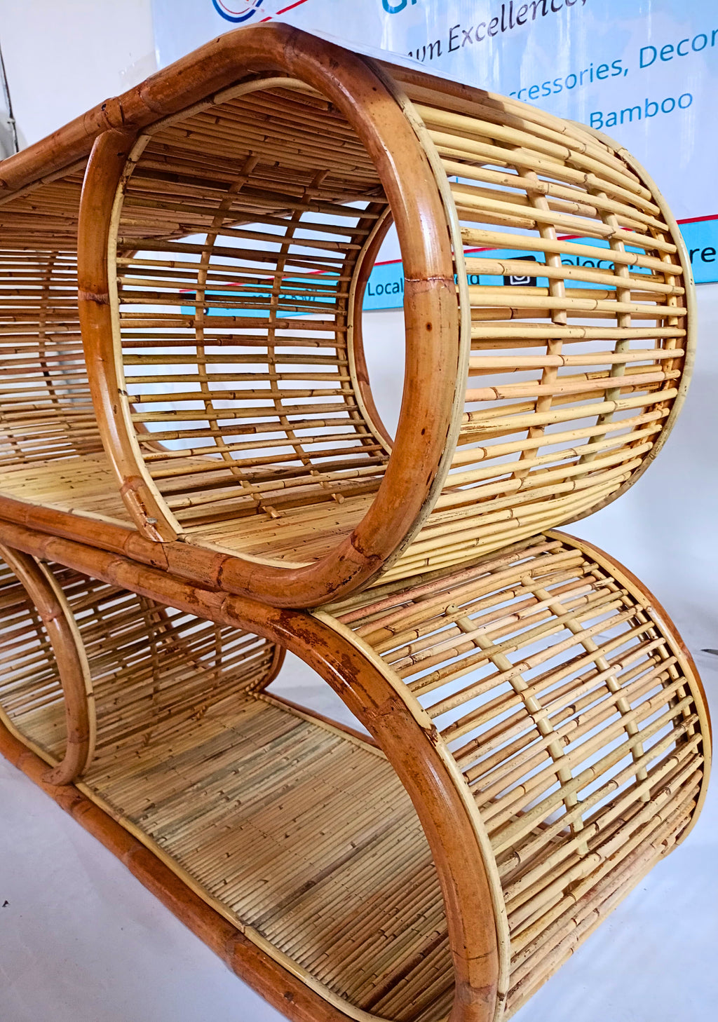 Oval Capsule Rattan Shelving Unit / Luxury Modular Multi-Tier Split-Level Cane Display Rack and Bohemian Horizontal Console Shelf