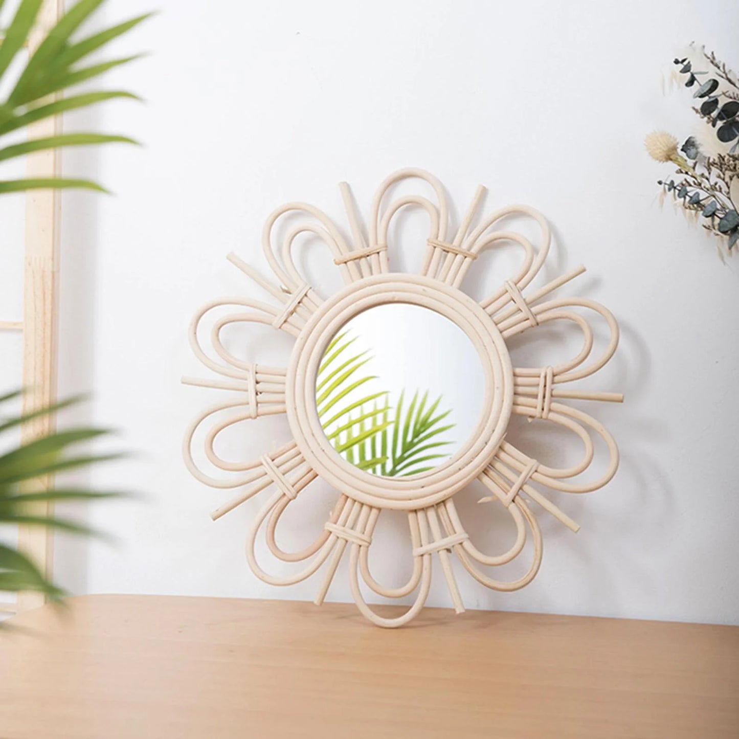 Boho Chic Rattan Flower Wall Mirror