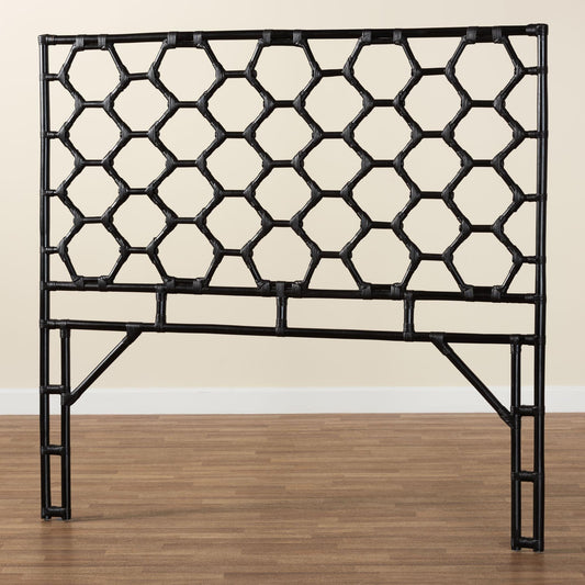 Black Rattan Headboard with Hexagonal Lattice Design
