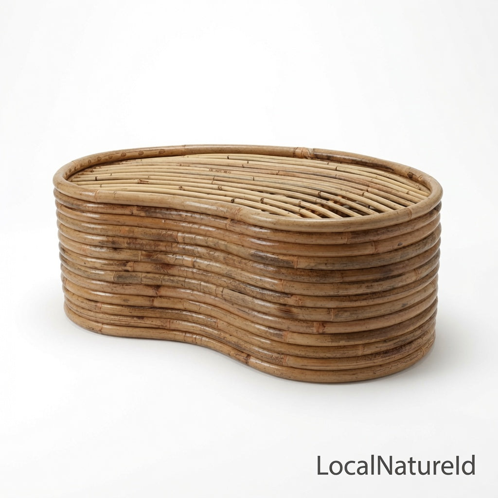 Handcrafted Curved Rattan Ottoman Footstool / Luxury Kidney-Shaped Woven Coffee Table Bench with Custom Cushion