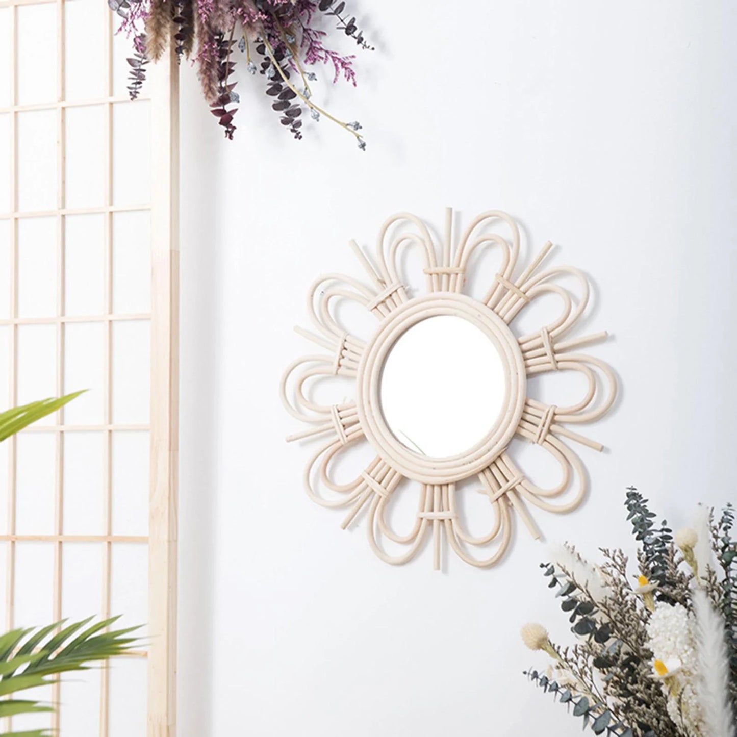 Boho Chic Rattan Flower Wall Mirror