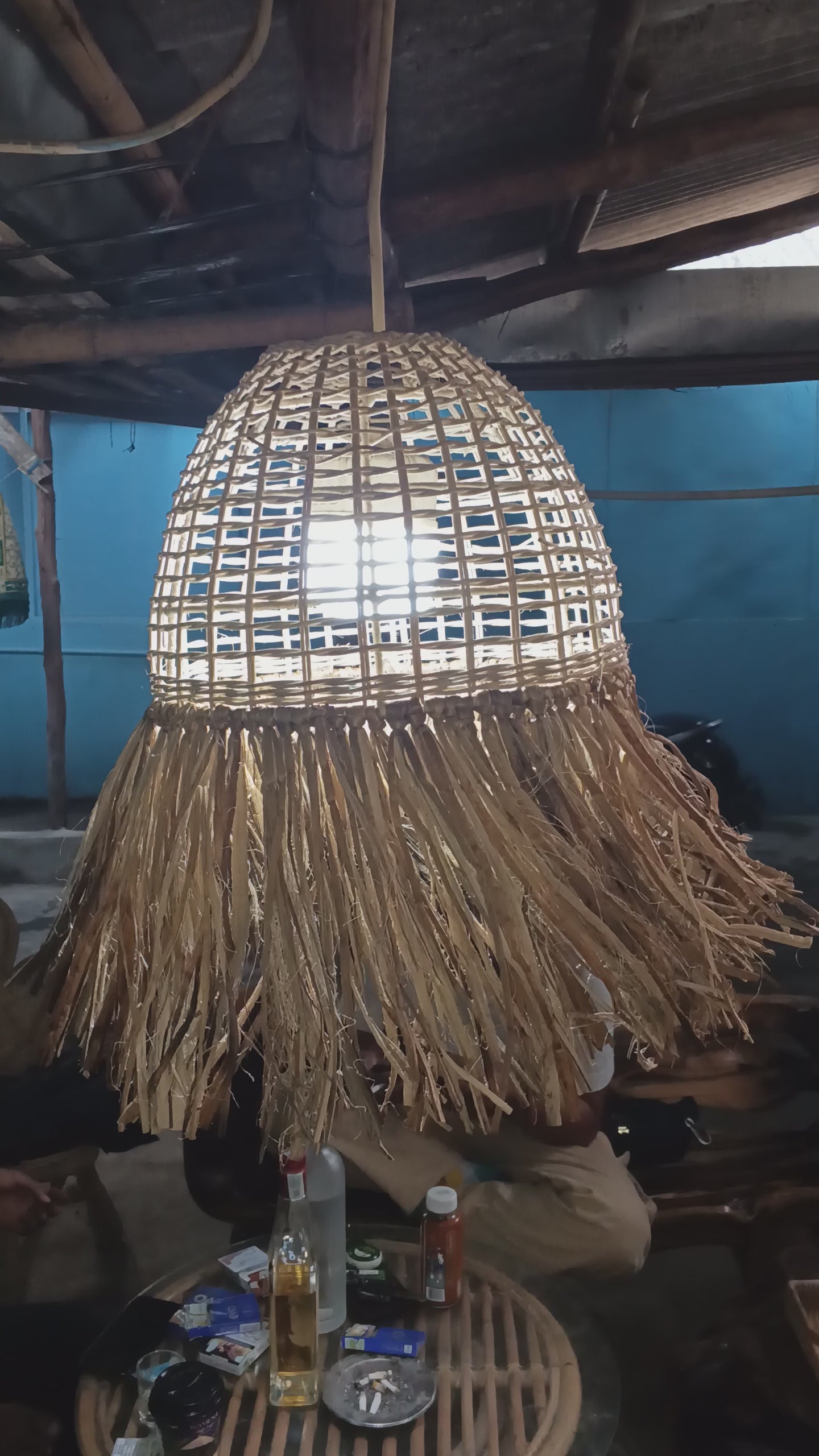 Boho Rattan Pendant Light Shade with Water Hyacinth Fringe / Handwoven Straw Tassel Hanging Lampshade