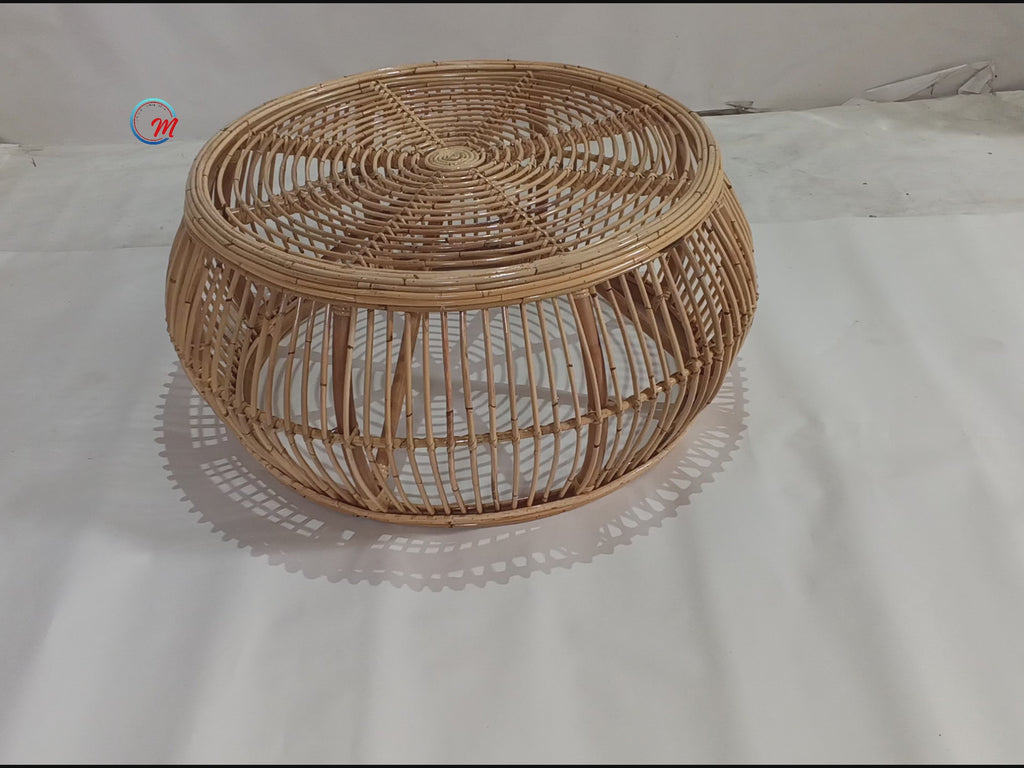 Handcrafted Round Rattan Coffee Table / Modern Boho Woven Cocktails Table with Open Slat Drum Base for Living Room
