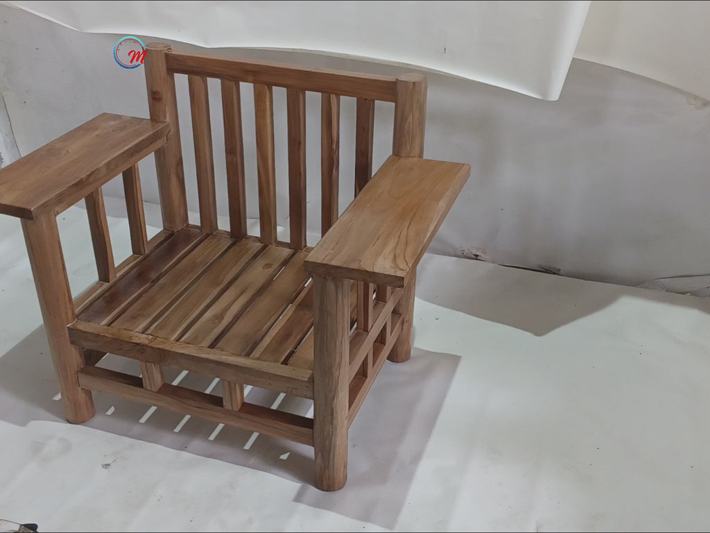 Minimalist Solid Teak Wood Armchair with Cushions / Modern Scandinavian Single Sofa Lounge Chair for Living Room & Patio
