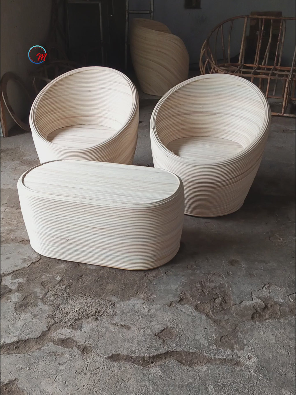 Minimalist Rattan Bistro Conversation Set / Luxury Round Tub Chairs and Oval Coffee Table Trio with Custom Cushions