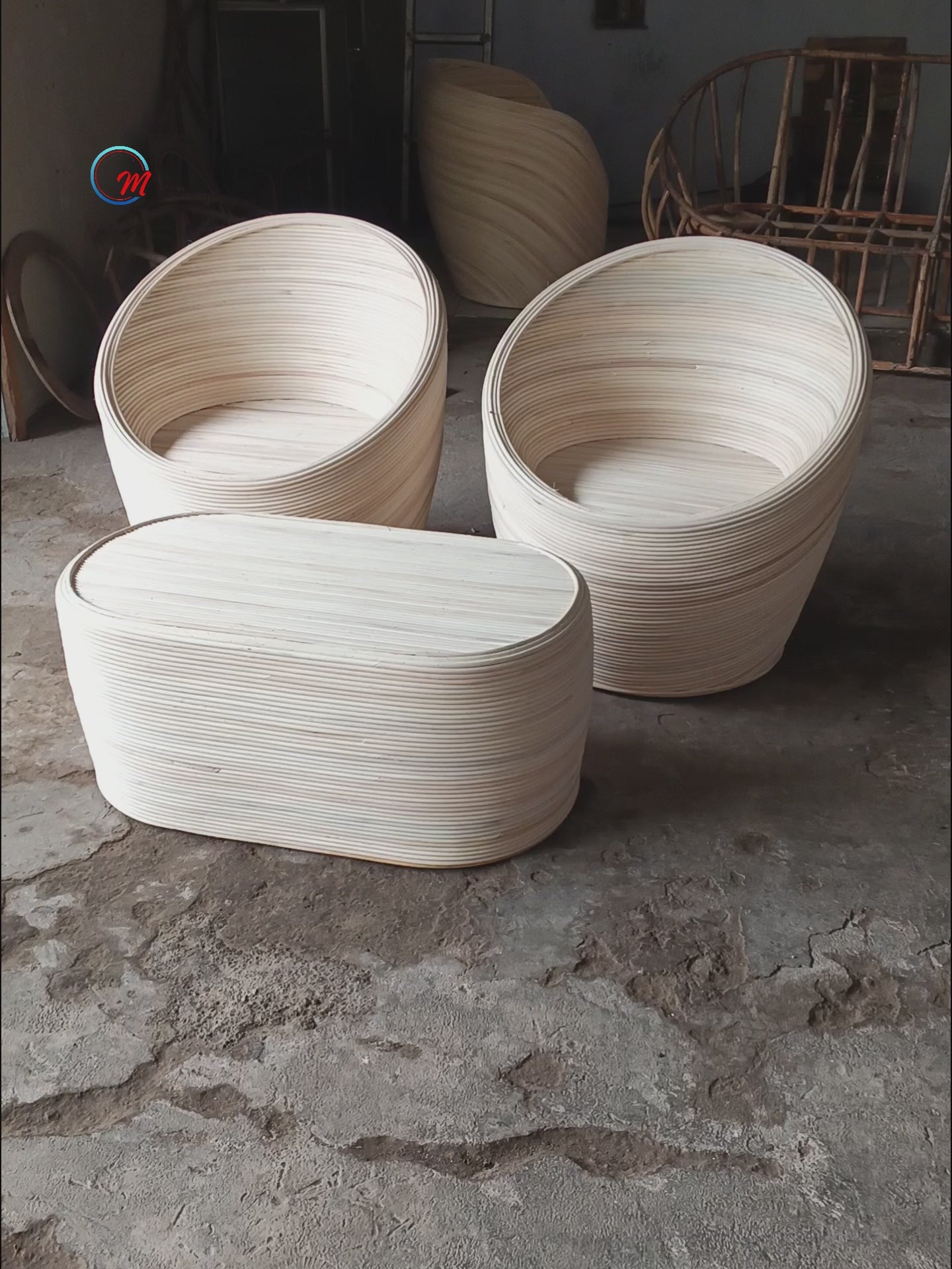 Minimalist Rattan Bistro Conversation Set / Luxury Round Tub Chairs and Oval Coffee Table Trio with Custom Cushions