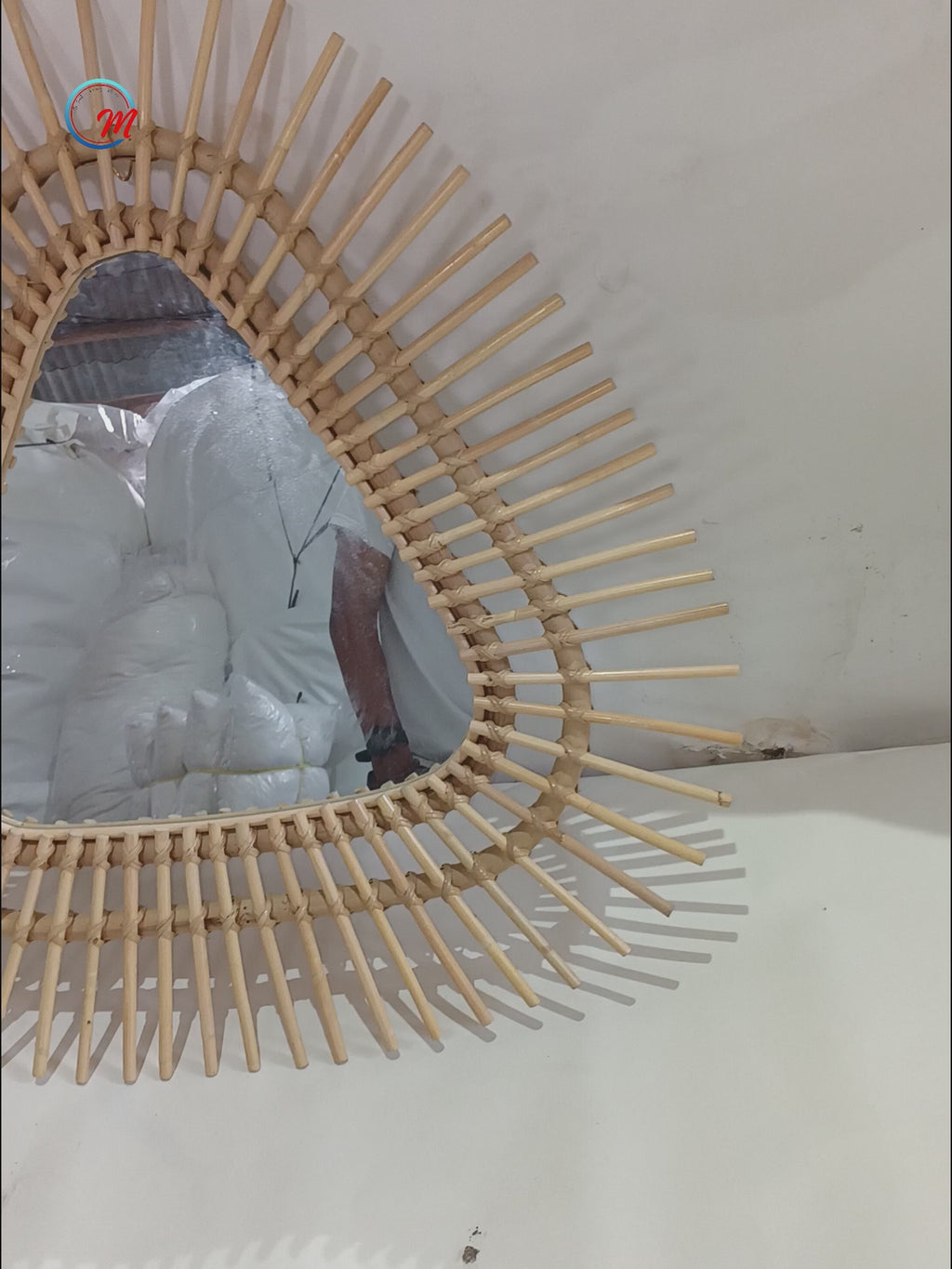 Artisanal Teardrop Rattan Sunburst Wall Mirror / Handcrafted Decorative Boho Accent Mirror for Entryway & Bedroom