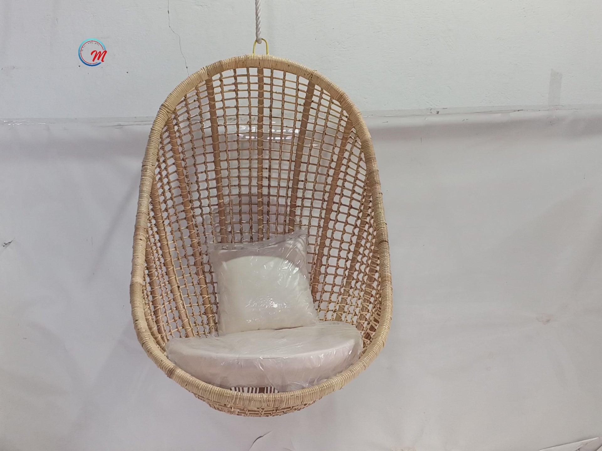 Handcrafted Hanging Rattan Egg Chair with Cushions / Indoor & Covered Outdoor Boho Swing Lounge Chair for Living Room & Patio