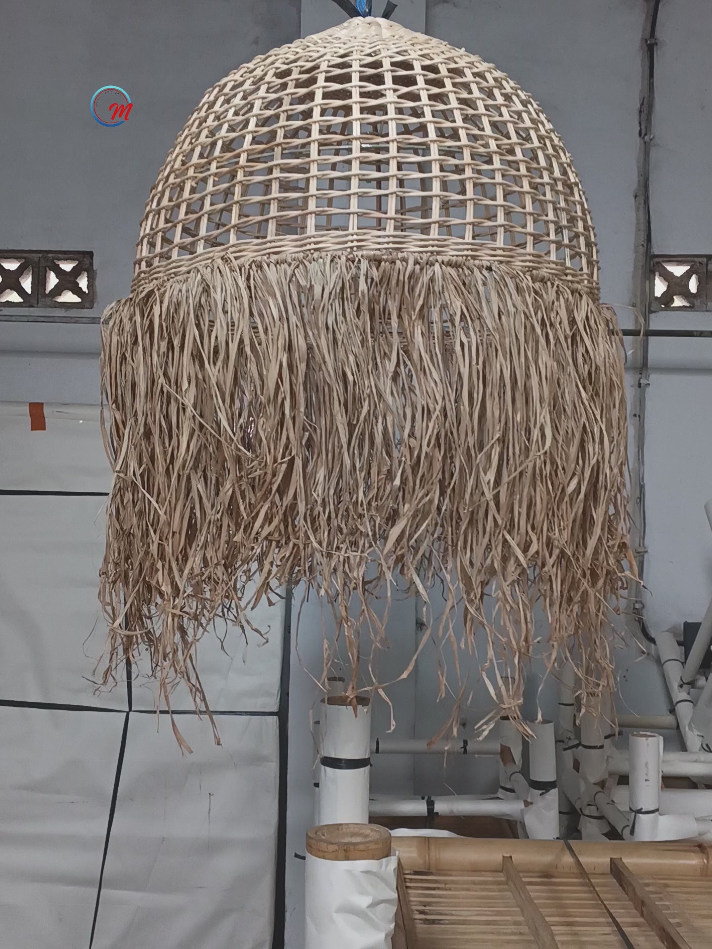 Handcrafted Woven Rattan Pendant Light Shade / Luxury Boho Dome Lampshade with Natural Agel Palm Fiber Fringe and Coastal Grass Chandelier Accent