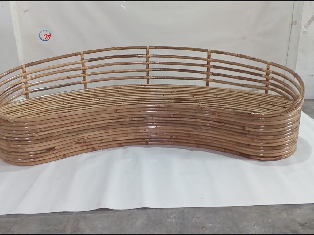 Handcrafted Curved Rattan Daybed Sofa Frame / Sculptural Banana-Shaped Woven Lounge Settee Base for Custom Upholstery