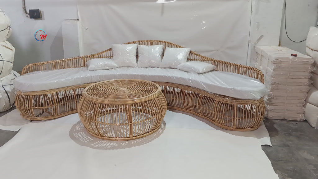 Handcrafted Curved Rattan Sofa and Coffee Table Set / Luxury Banana-Shaped Lounge Daybed with Cushions and Matching Round Center Table
